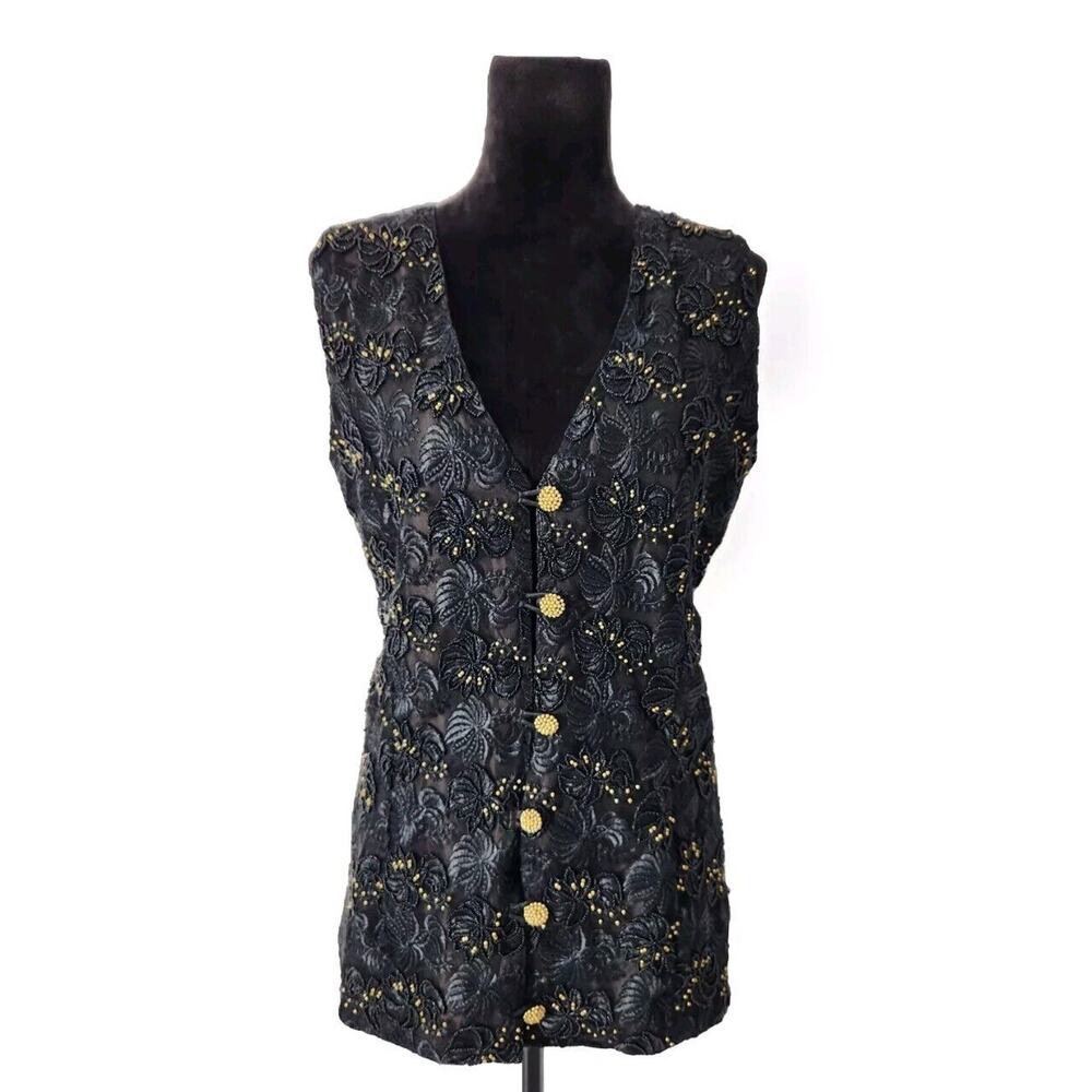 Vintage Victory Women's Black Embroidered Beaded Vest With Gold Buttons Small